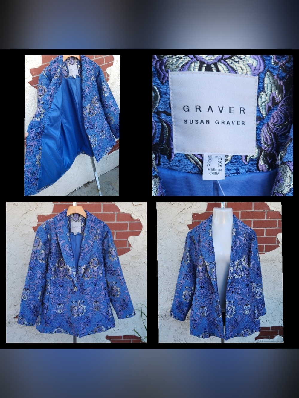20W QVC Susan Graver Jacquard Tapestry Notch Collar Blazer Jacket Lined Blue